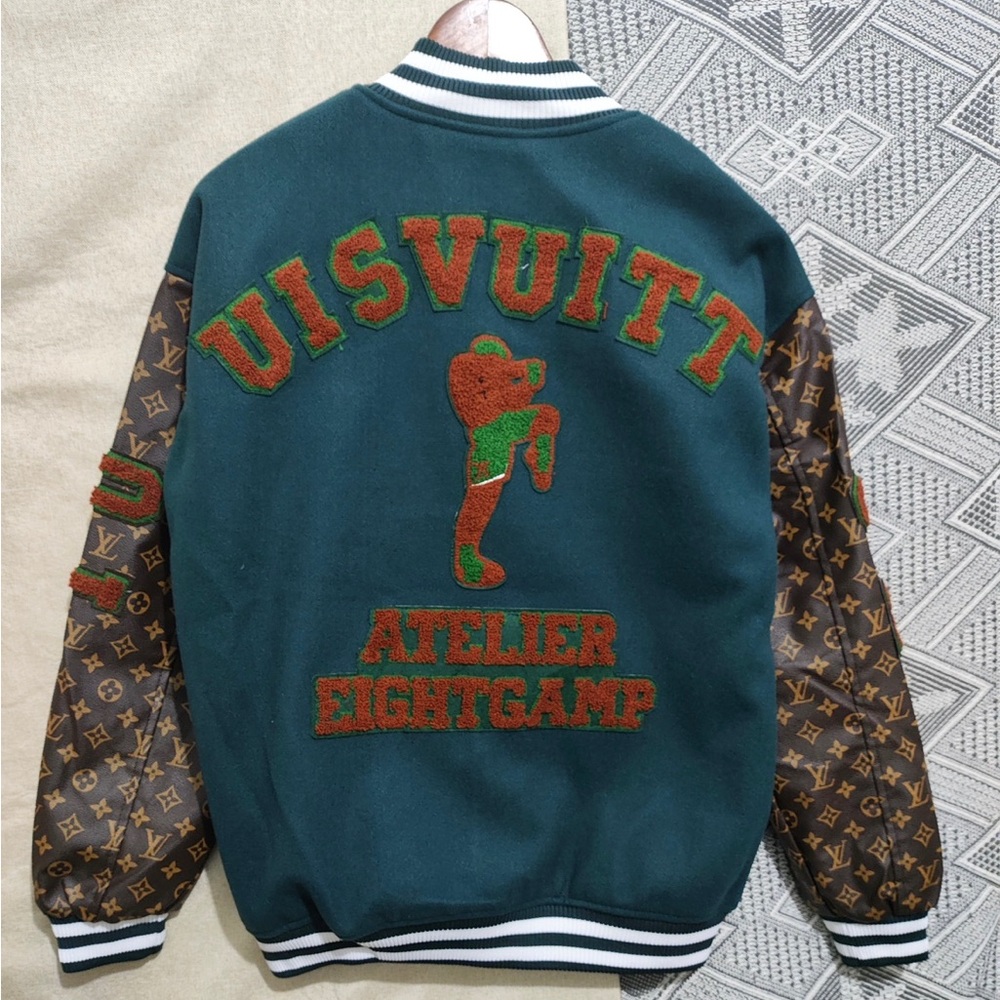 Louis Vuitton-Inspired Green Varsity Jacket with Brown Monogram Sleeves - Picture 10 of 11